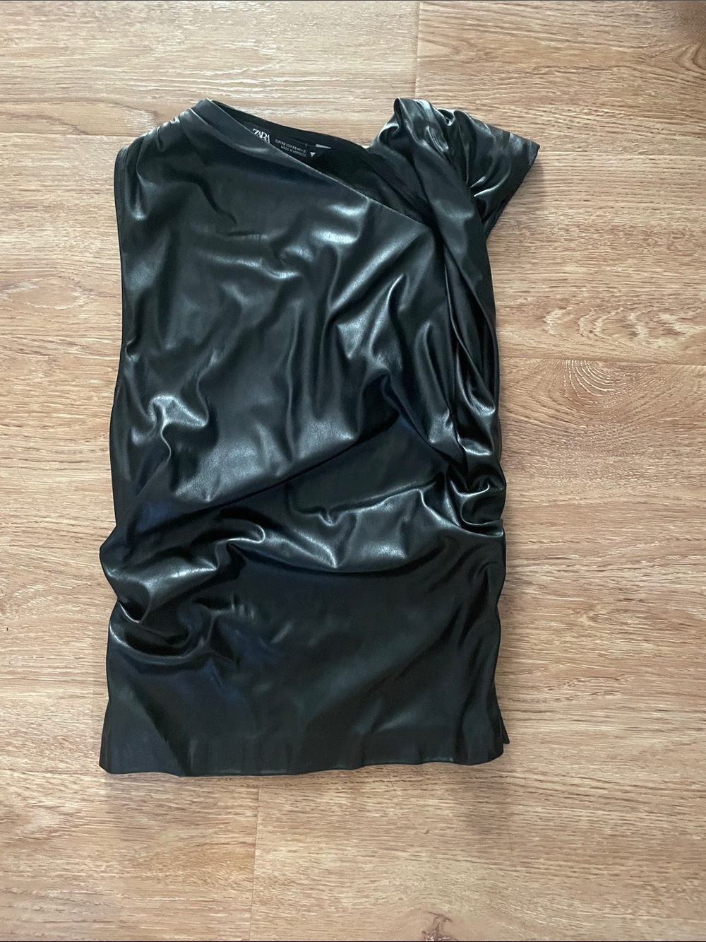Zara Black One-Shoulder Faux Leather Dress